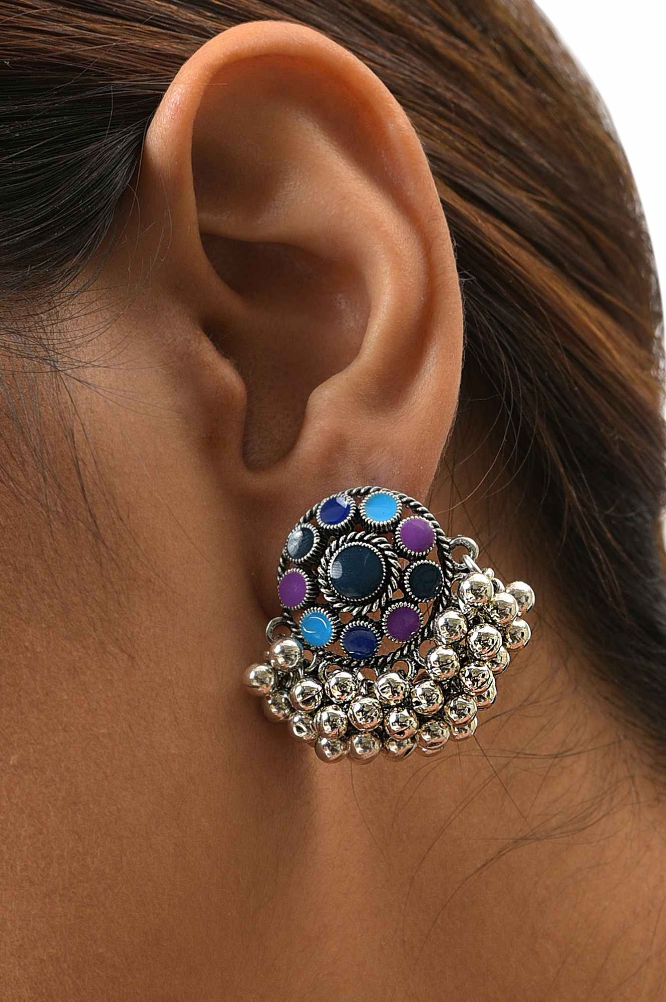 Blue Timeless Round Studs With Ghungroos