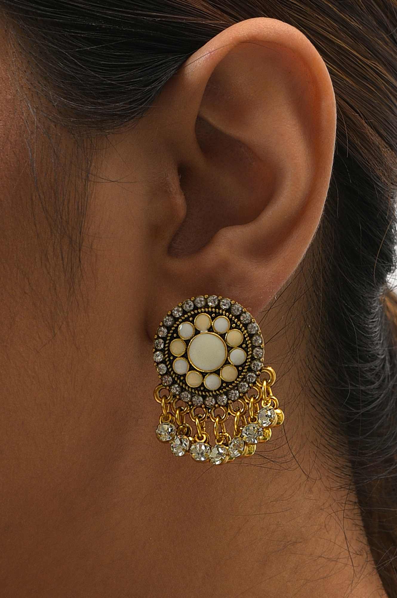 White And Beige Enamelled Stud Earrings