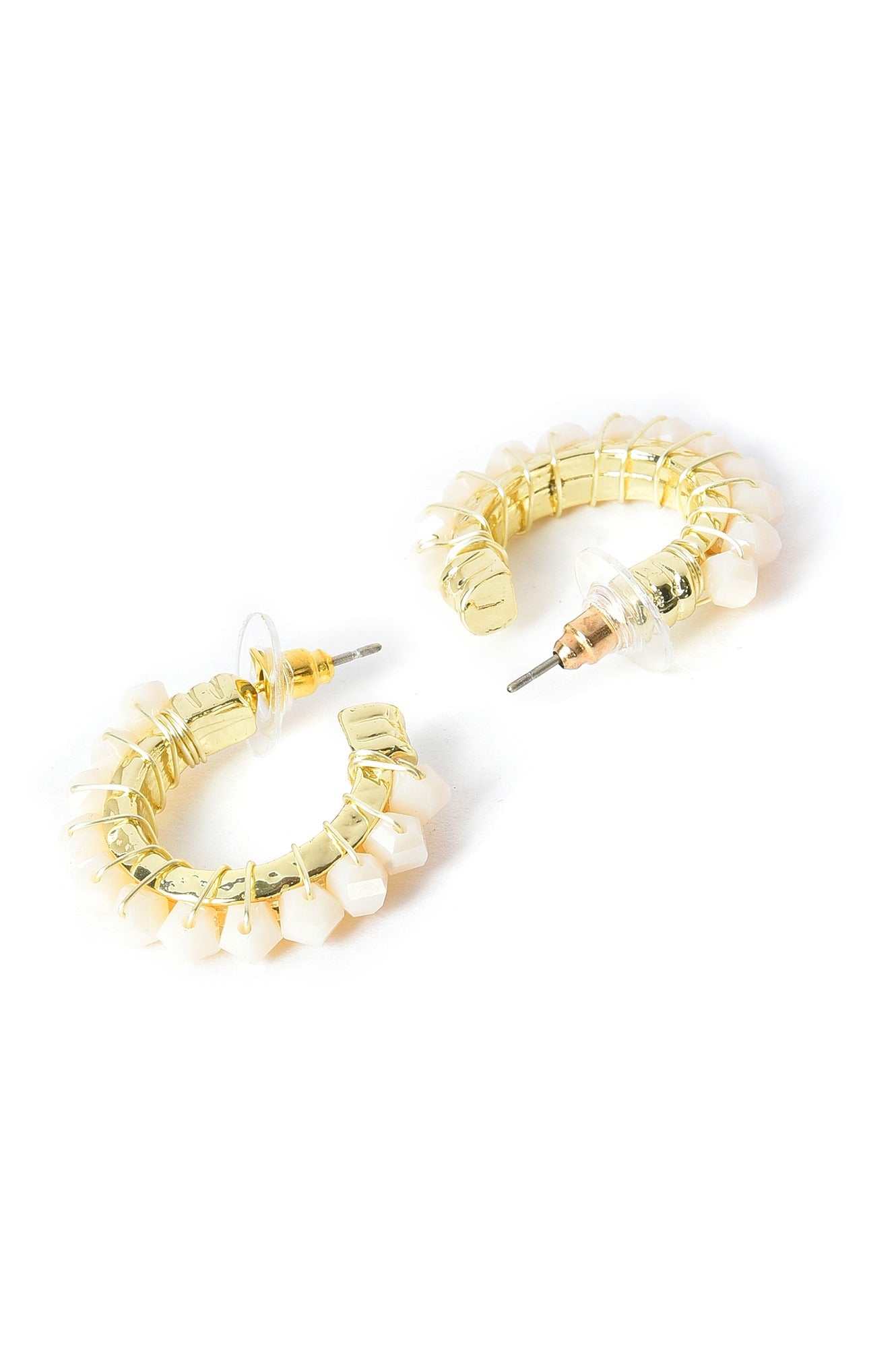 White Handcrafted Hoop Earrings With Beads