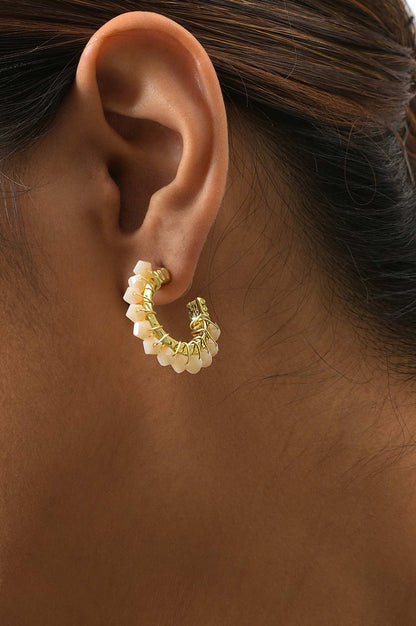 White Handcrafted Hoop Earrings With Beads