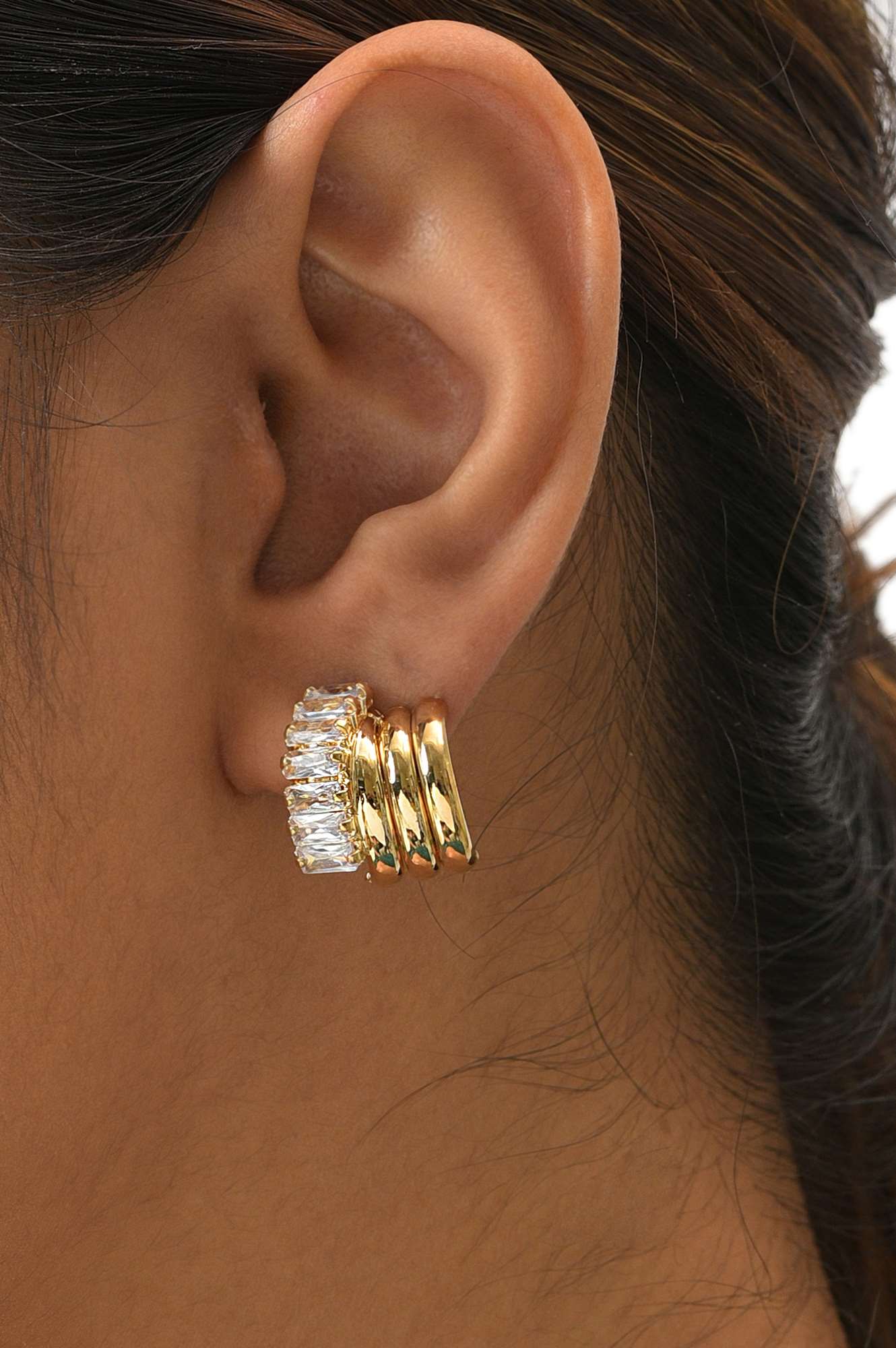 White And Gold Half-Cuff Stud Earrings