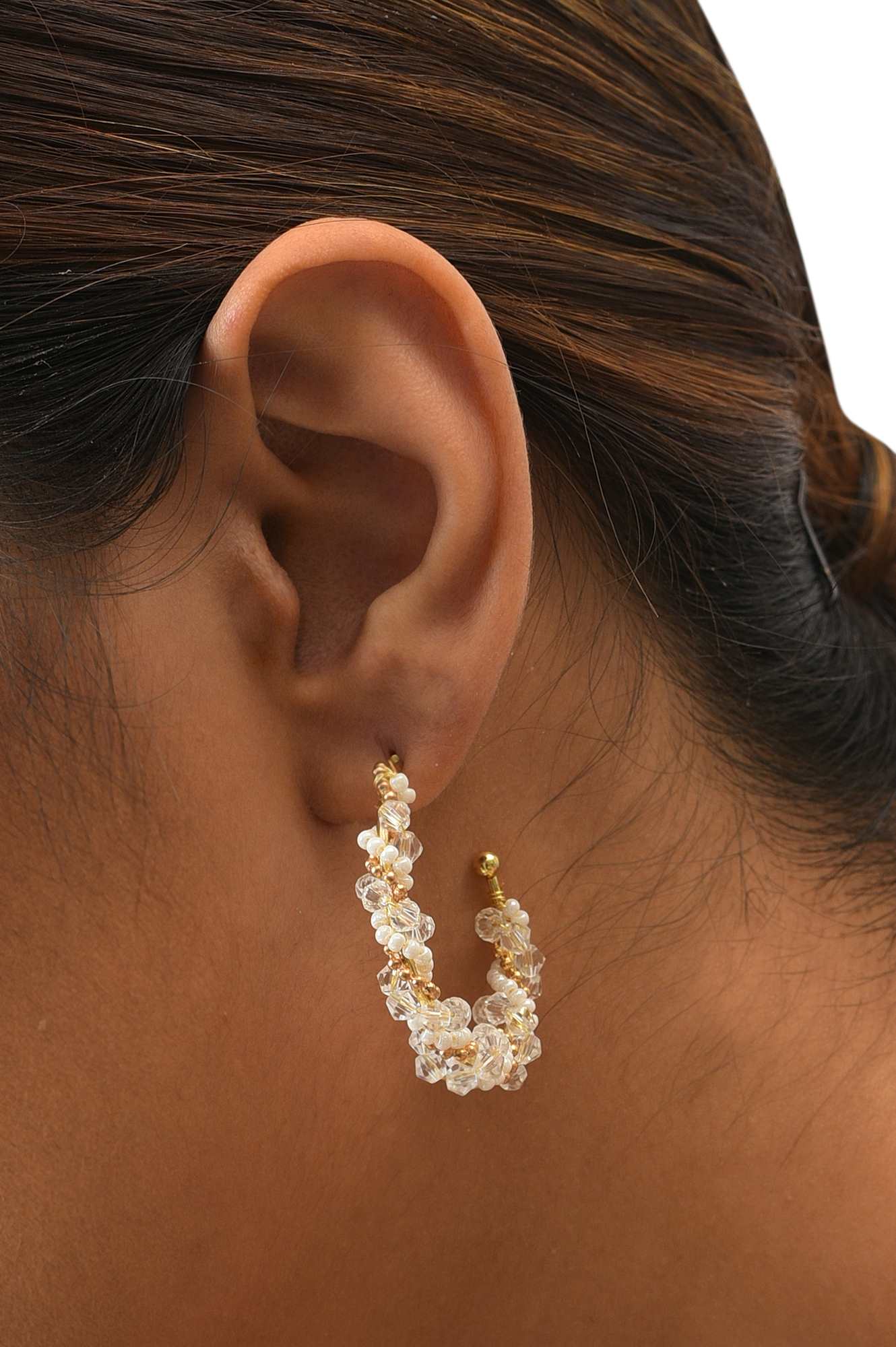 White Coloured Handcrafted Hoop Earrings With Beads