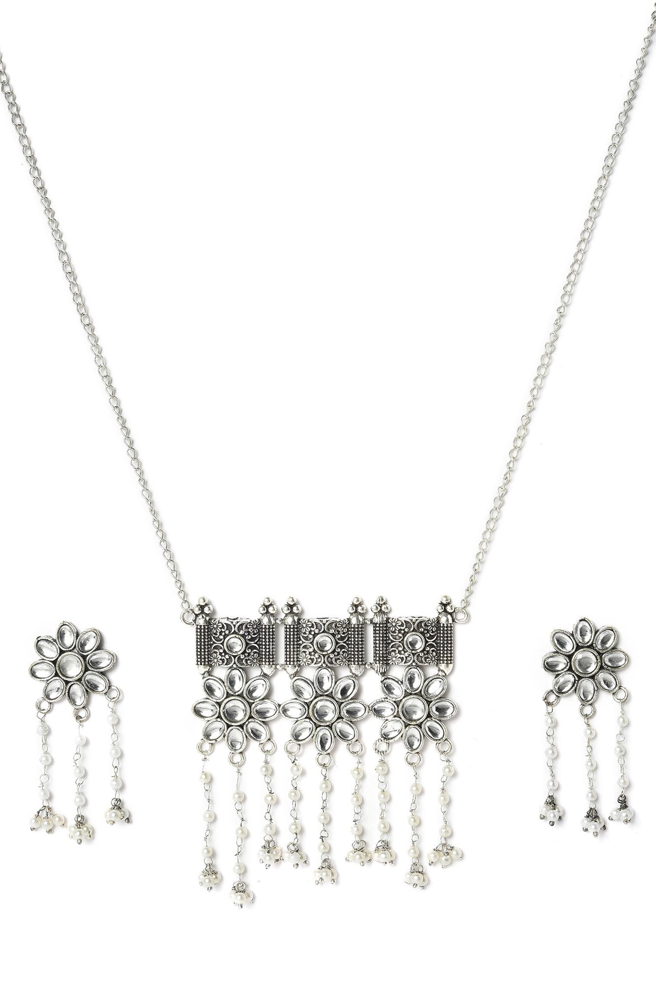 Silver Oxidised Necklace With Faux Kundans And Pearl