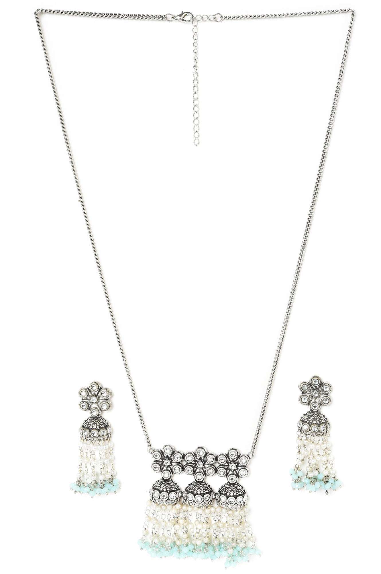 Blue Crystal Beads Silver Oxidised Necklace Set