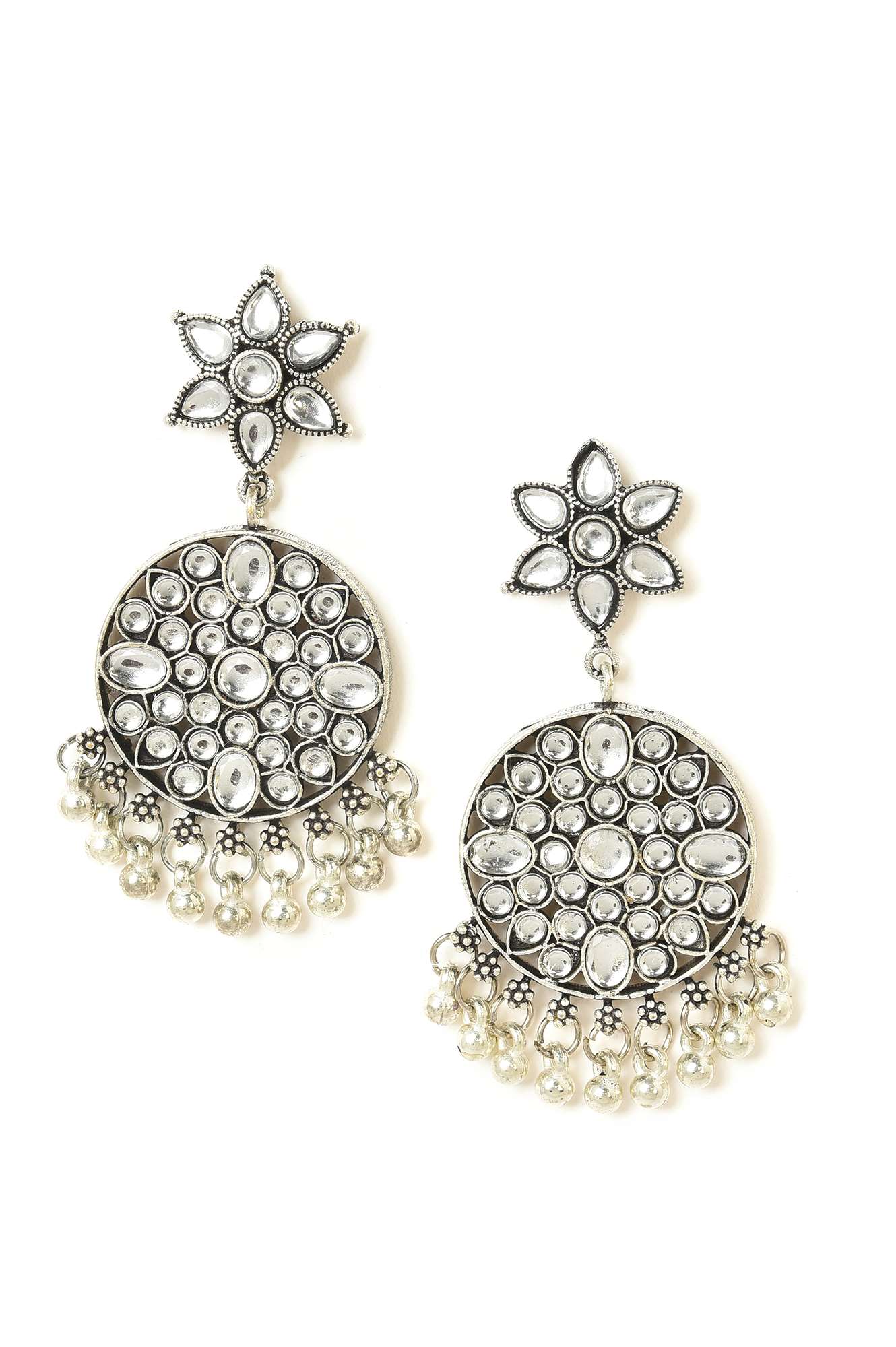 Gold Oxidised Floral Dangler Earrings