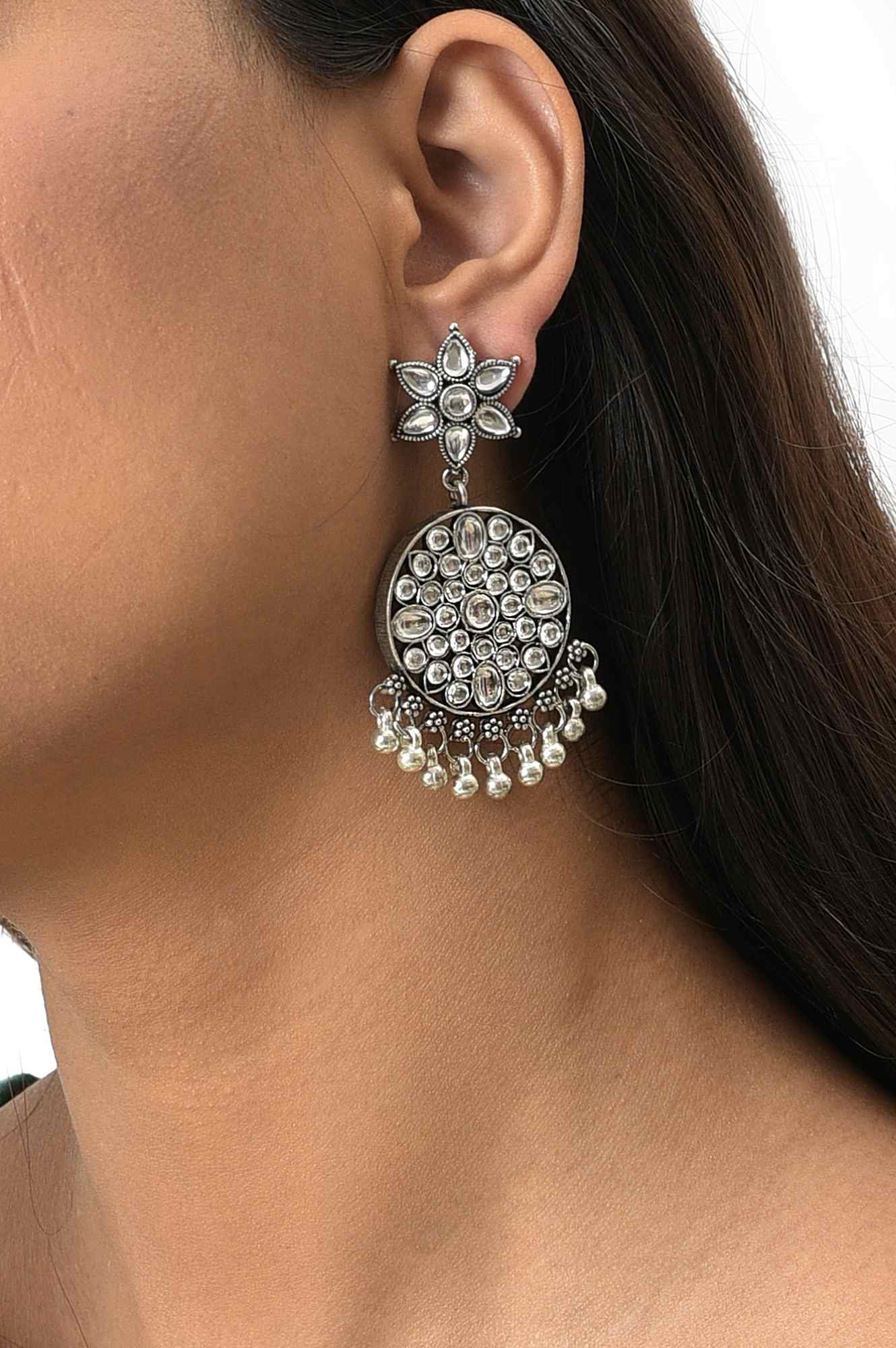 Gold Oxidised Floral Dangler Earrings