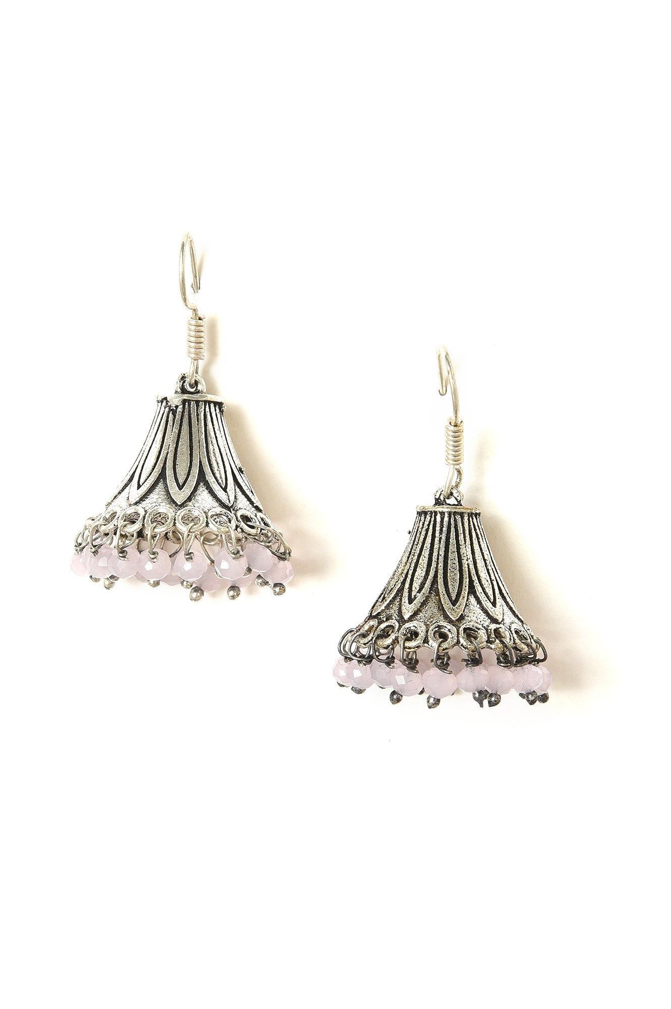 Silver Oxidised Jhumki With Pink Beads