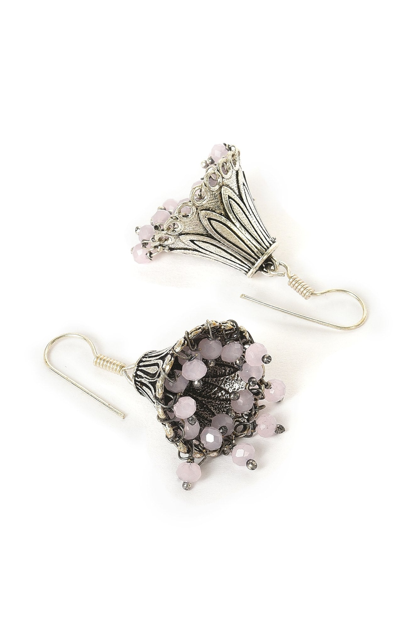 Silver Oxidised Jhumki With Pink Beads