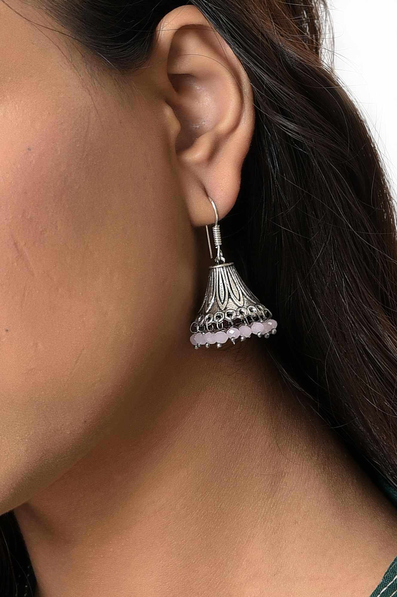 Silver Oxidised Jhumki With Pink Beads