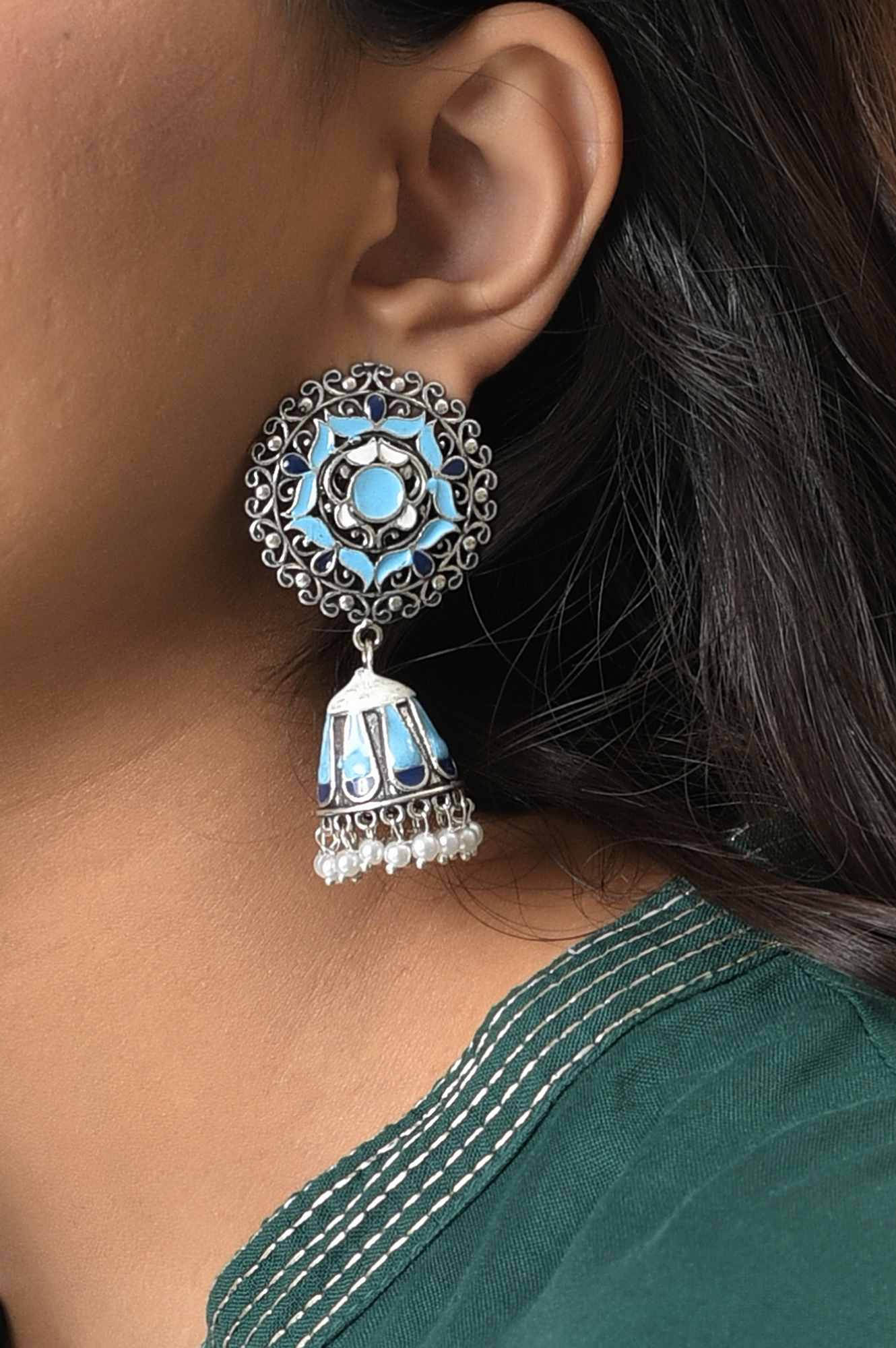 Blue And White Crystal Stone Dangler Earrings