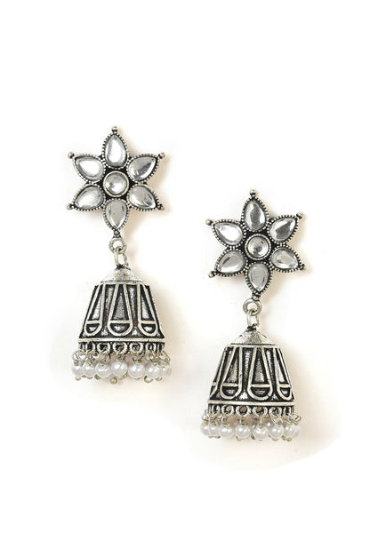 Silver Oxidised Floral Jhumki