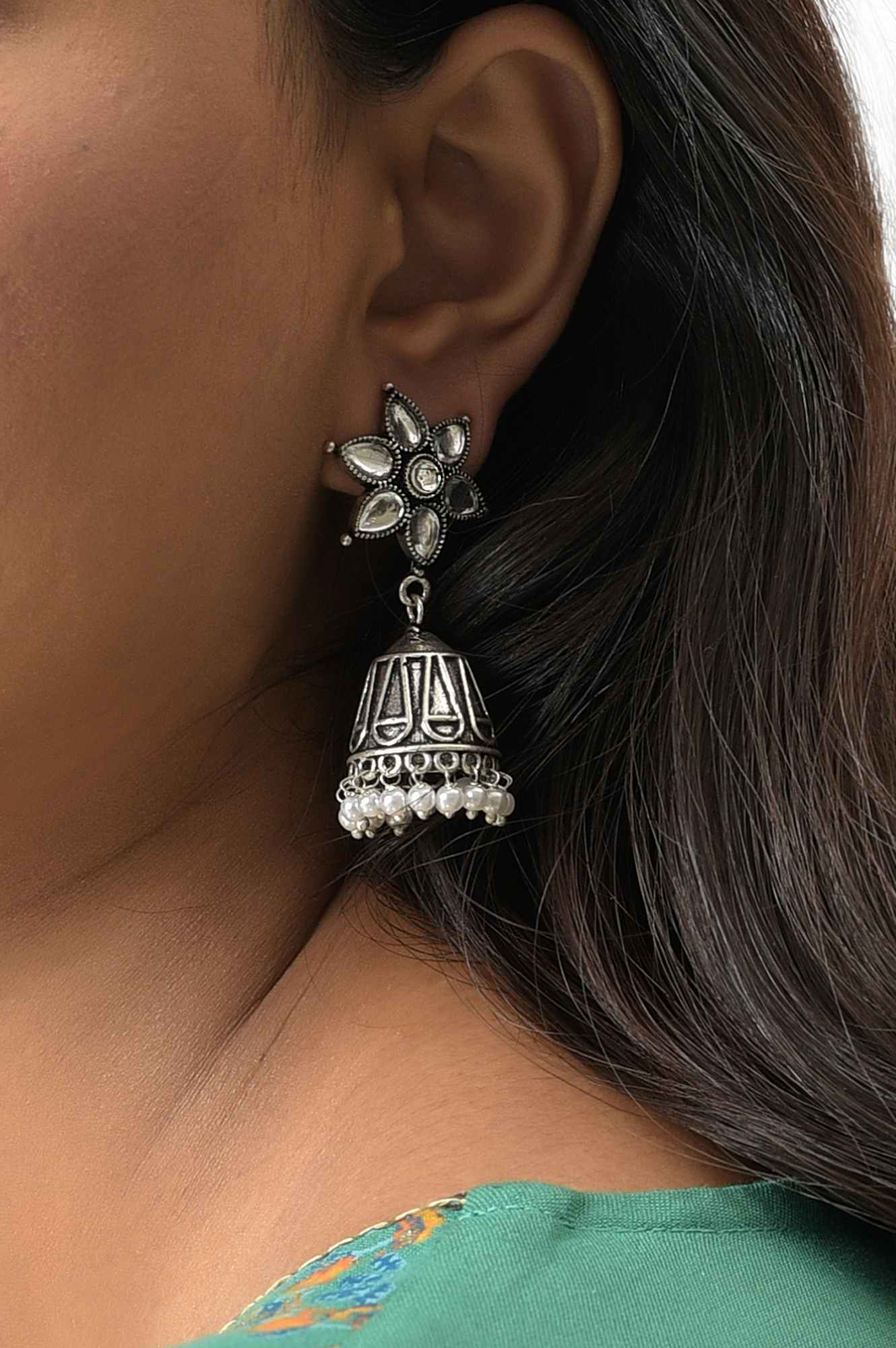 Silver Oxidised Floral Jhumki