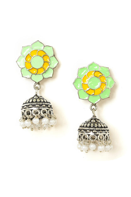 Green And Yellow Silver Oxidised Jhumki