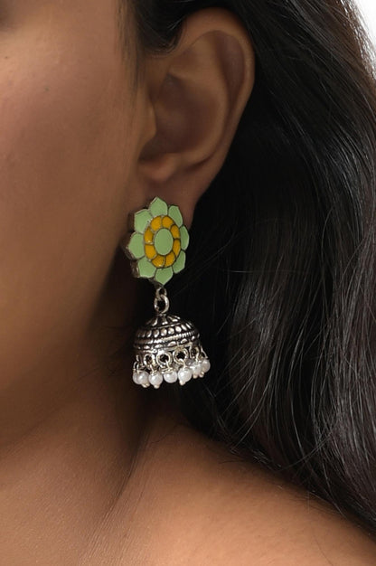 Green And Yellow Silver Oxidised Jhumki