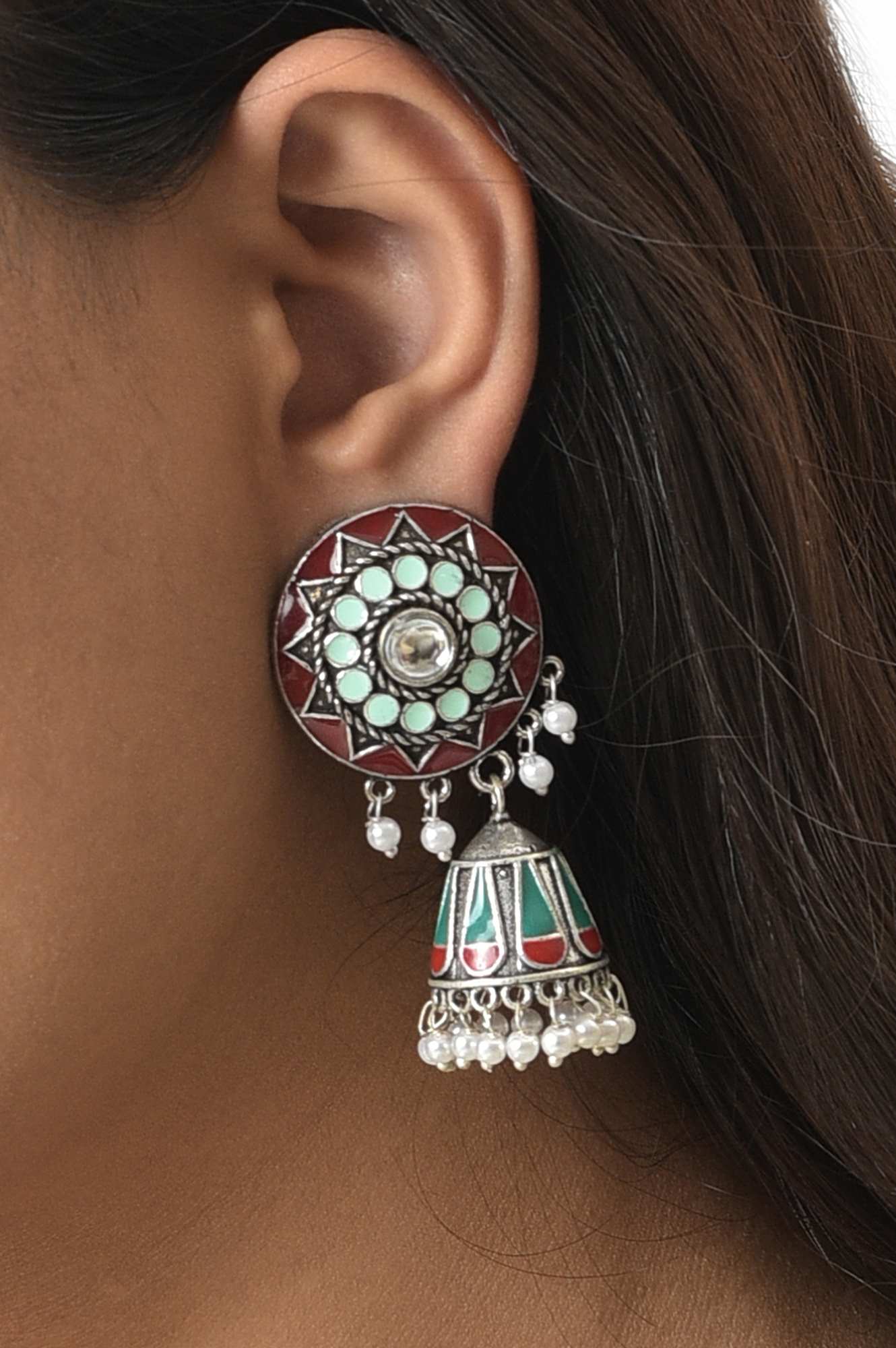 Multi Colour Silver Oxidised Jhumki