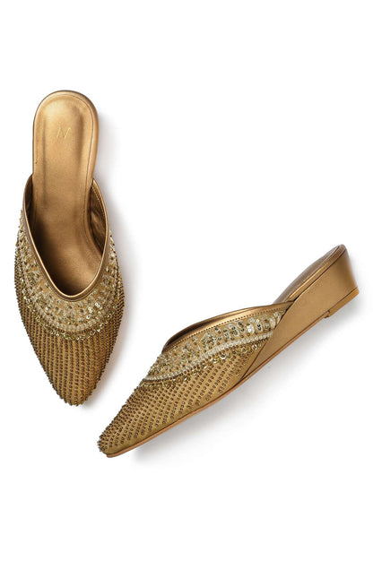 W Embroidered Gold Pointed Toe Wedge