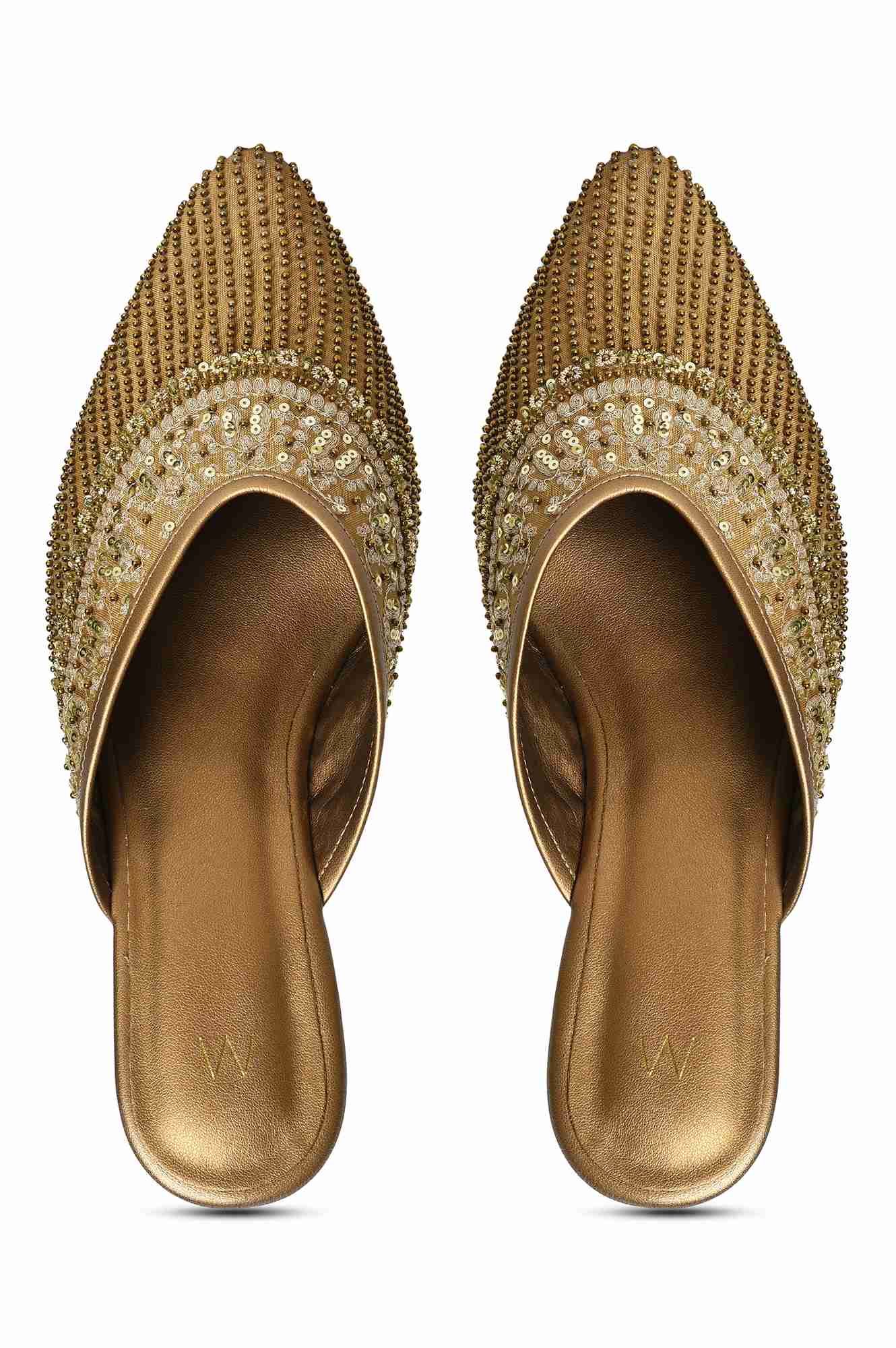 W Embroidered Gold Pointed Toe Wedge