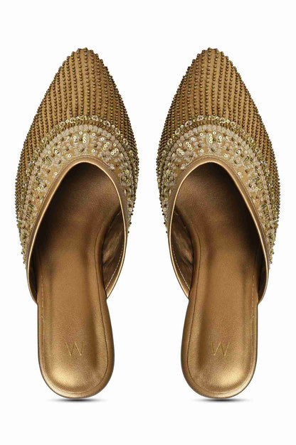 W Embroidered Gold Pointed Toe Wedge