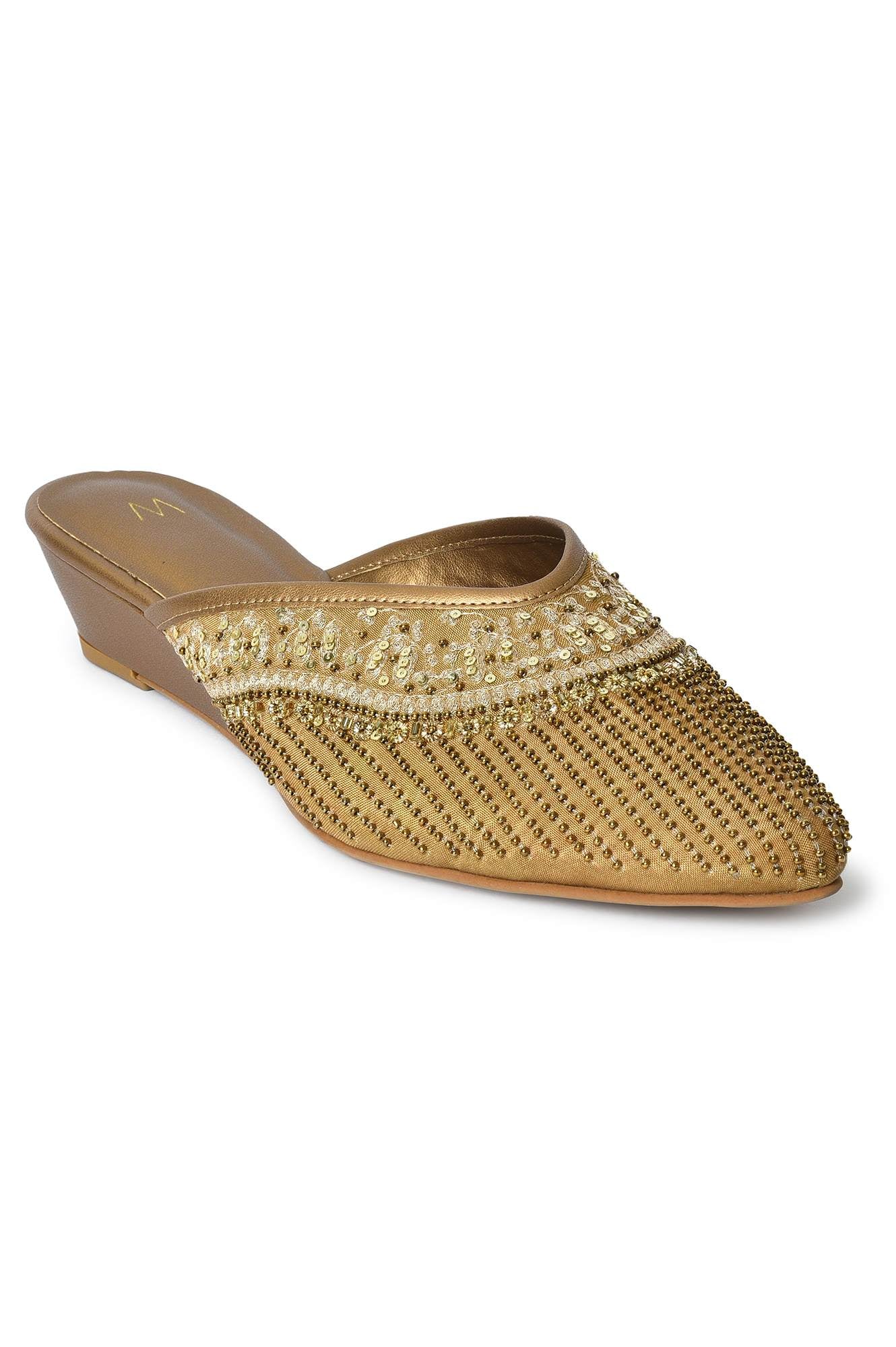 W Embroidered Gold Pointed Toe Wedge