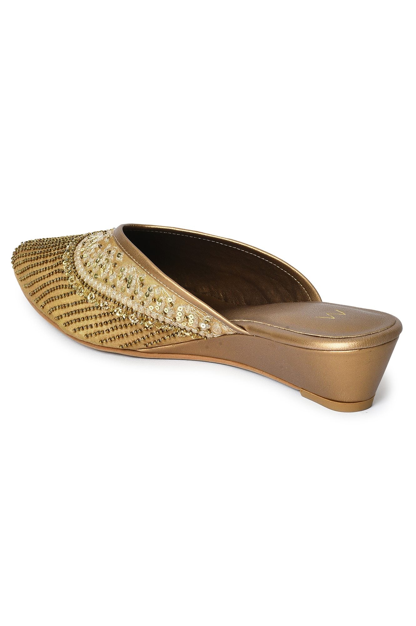 W Embroidered Gold Pointed Toe Wedge