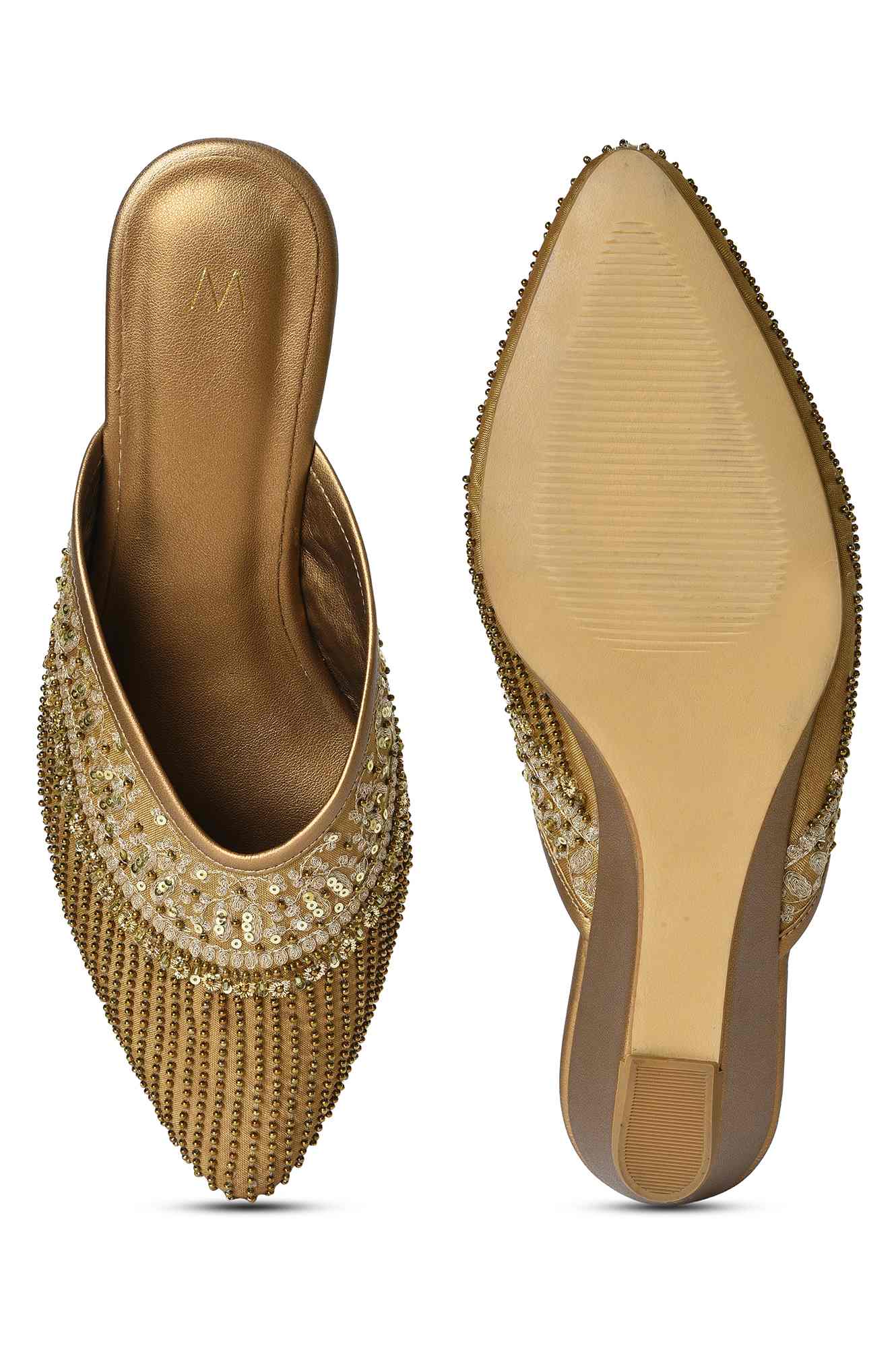 W Embroidered Gold Pointed Toe Wedge