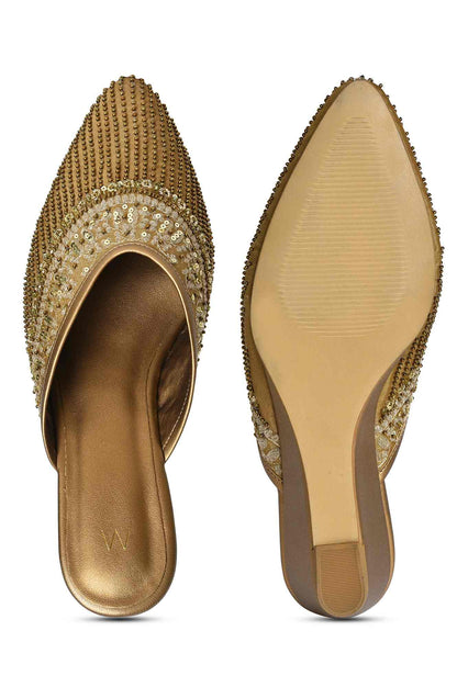 W Embroidered Gold Pointed Toe Wedge