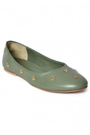 W Embroidered Green Round Toe Flat - wforwoman