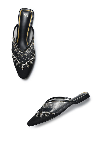 W Embroidered Black Square Toe Flat