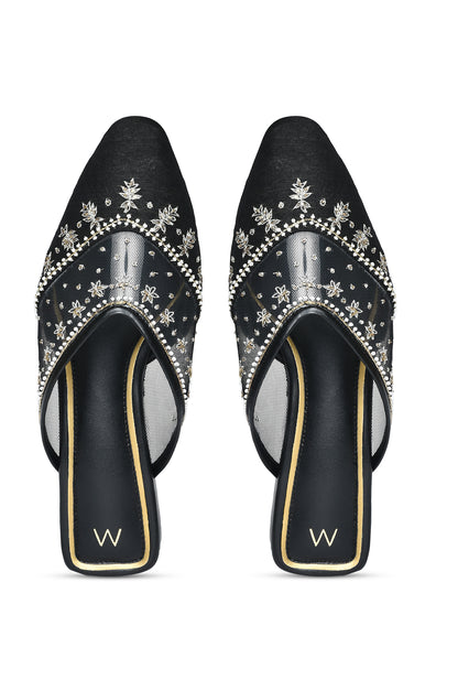 W Embroidered Black Square Toe Flat