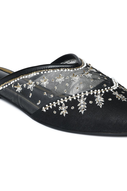 W Embroidered Black Square Toe Flat