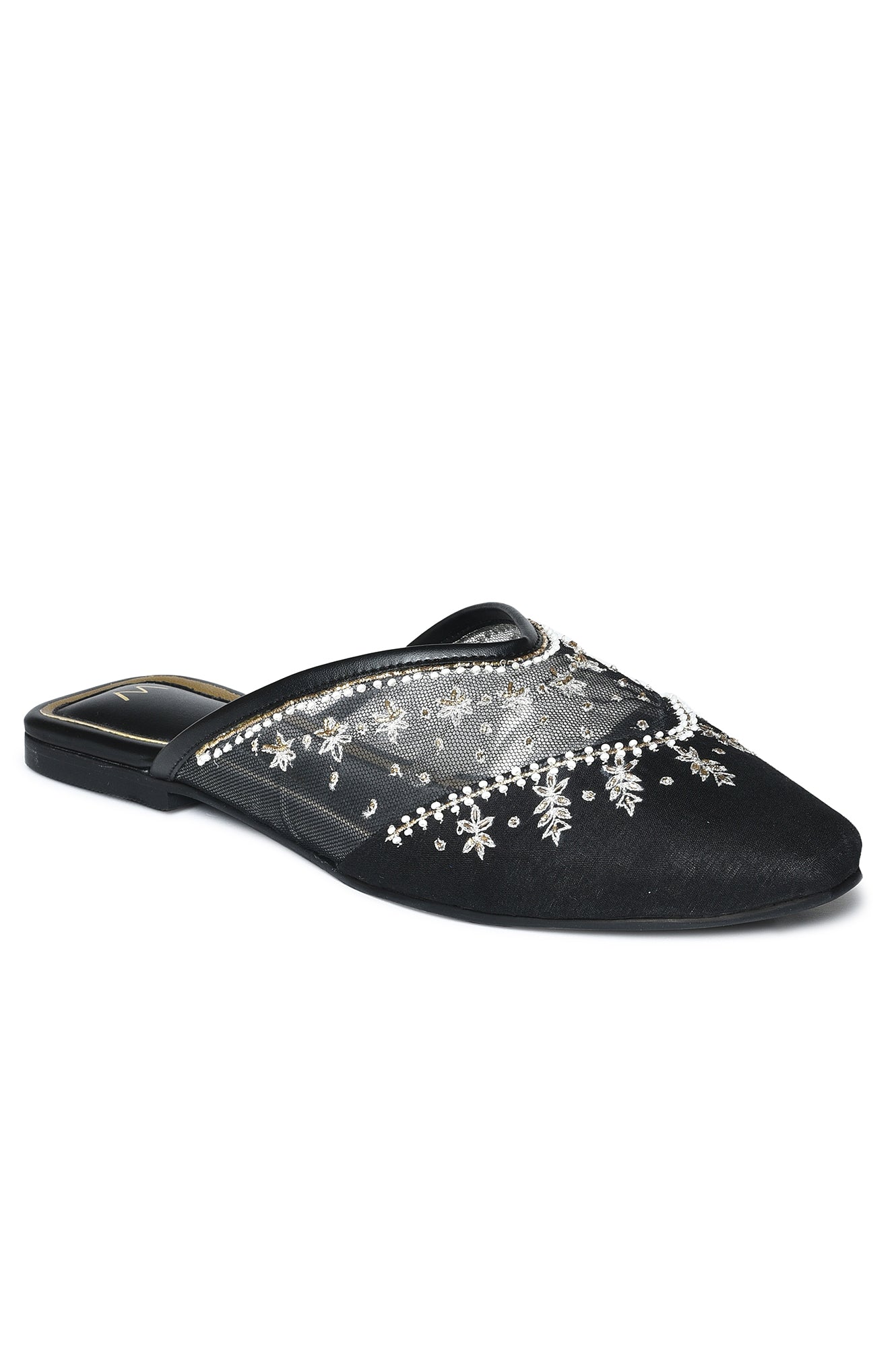 W Embroidered Black Square Toe Flat