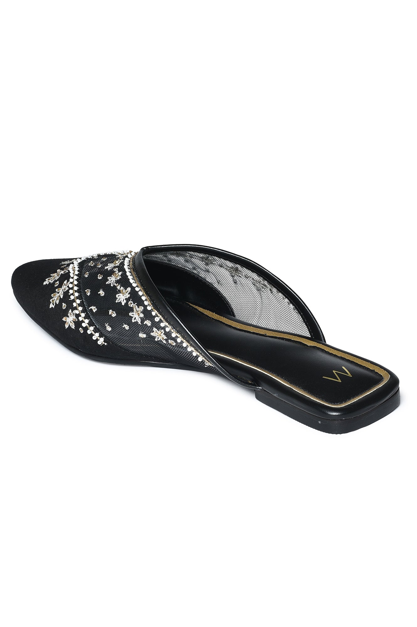 W Embroidered Black Square Toe Flat