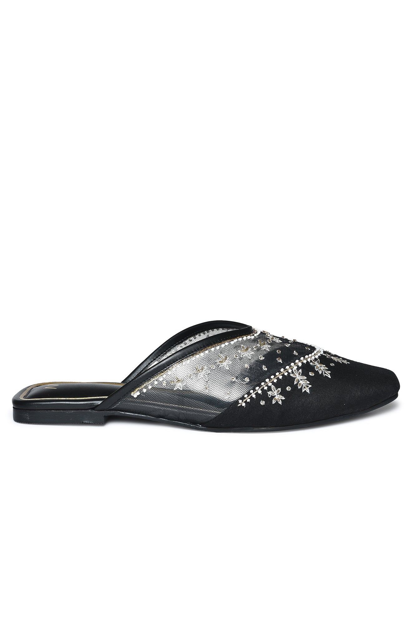 W Embroidered Black Square Toe Flat