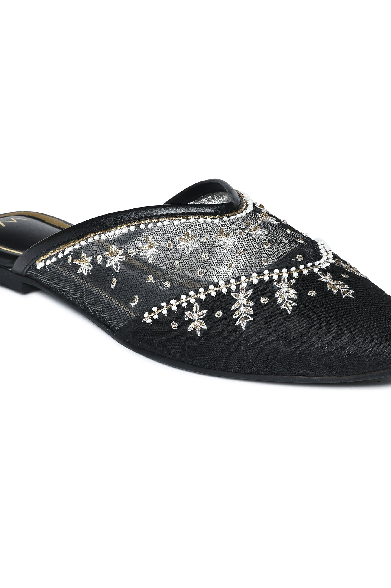 W Embroidered Black Square Toe Flat