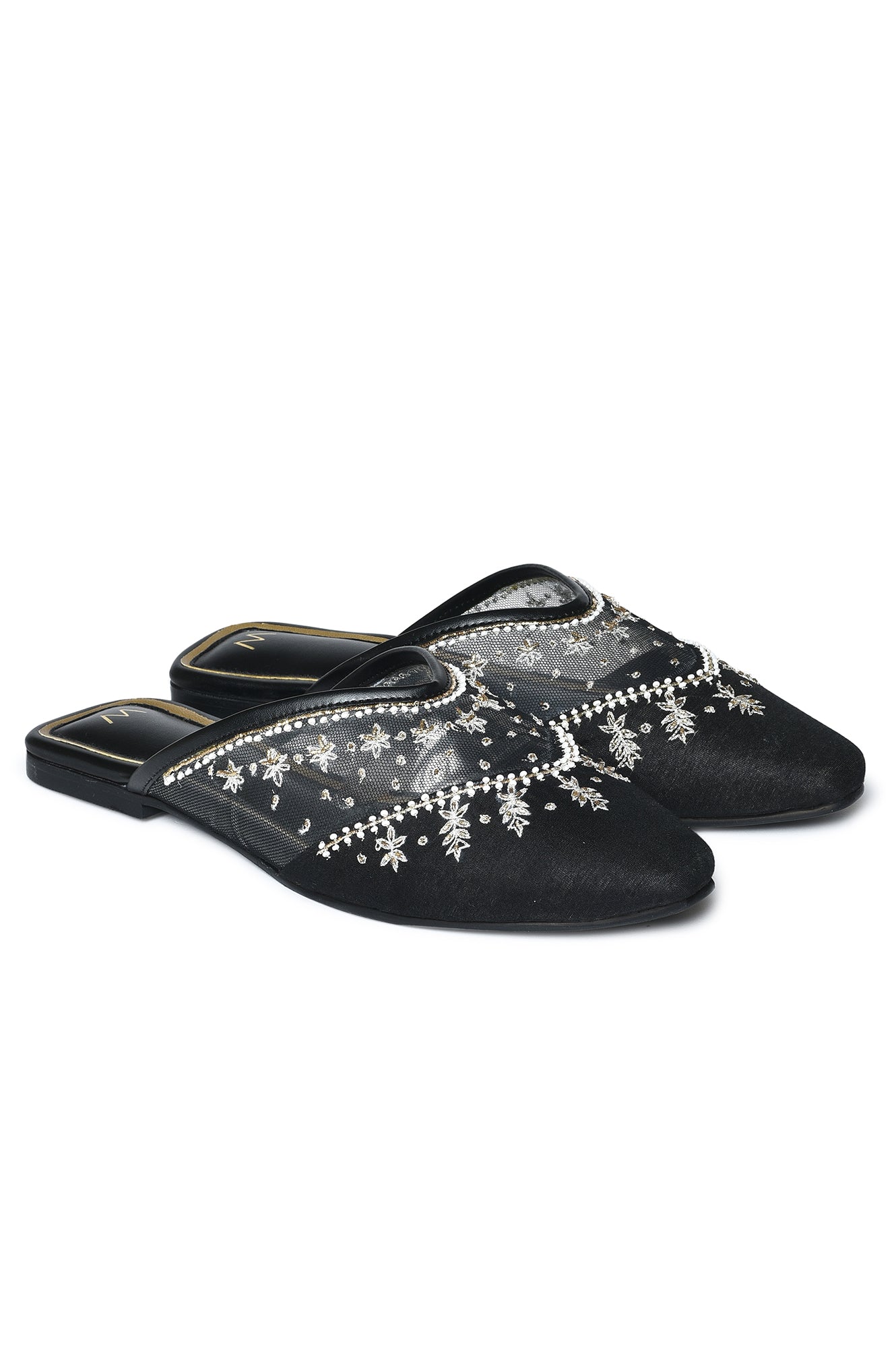 W Embroidered Black Square Toe Flat