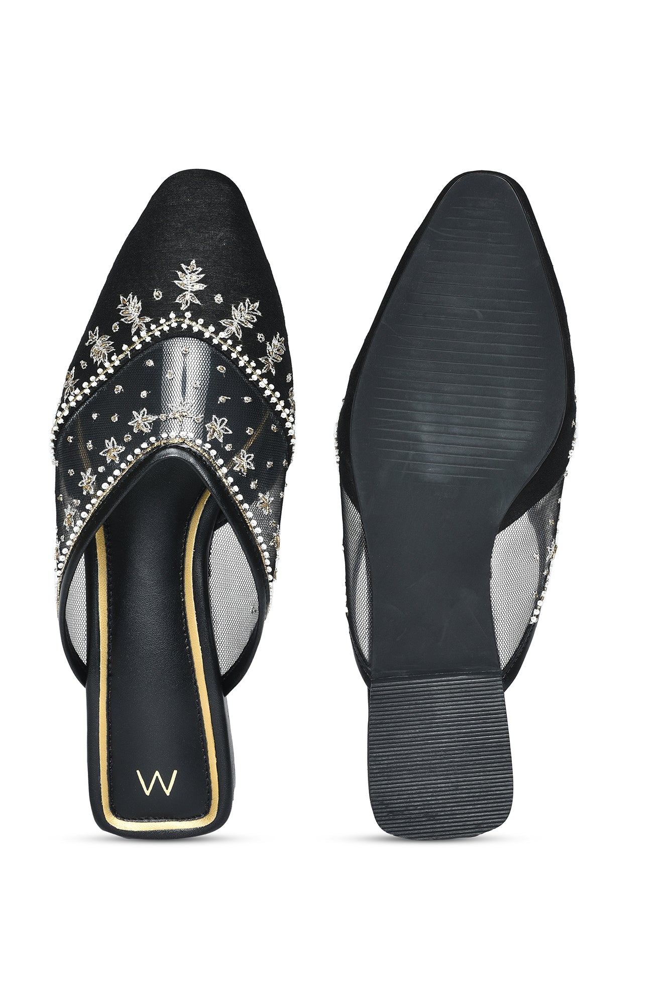 W Embroidered Black Square Toe Flat