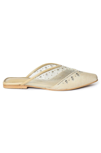 W Embroidered Beige Square Toe Flat - wforwoman