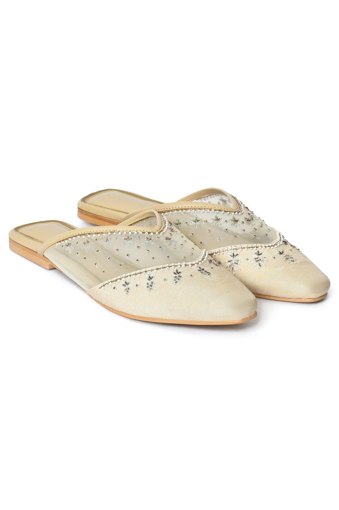 W Embroidered Beige Square Toe Flat - wforwoman