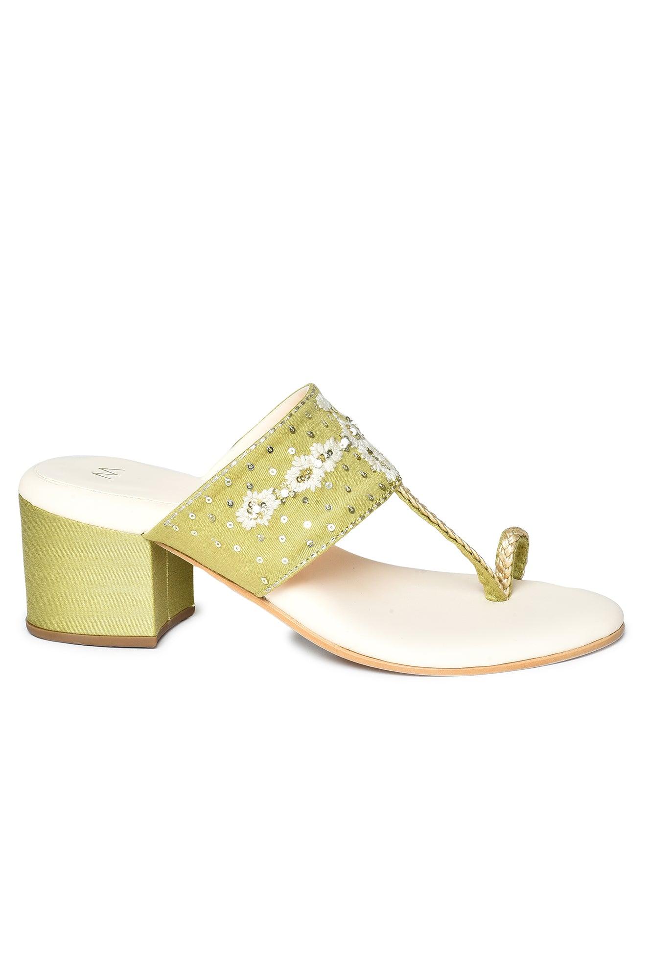 W Embroidered Green Almond Toe Block Heel - wforwoman