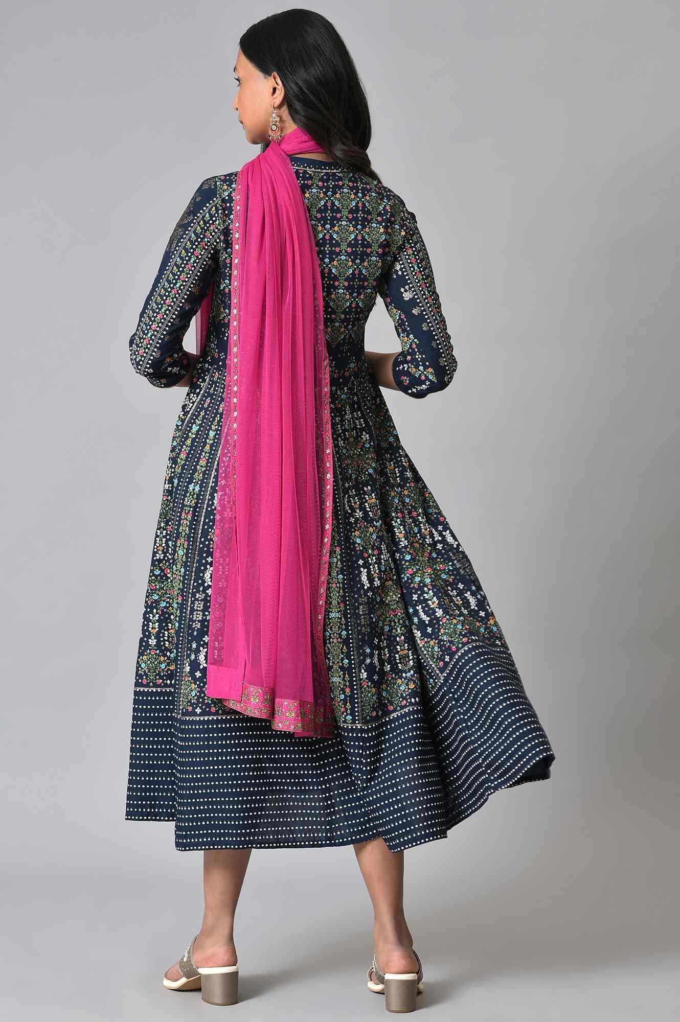 Navy Printed Kalidar Dress With Pink Chiffon Dupatta - wforwoman