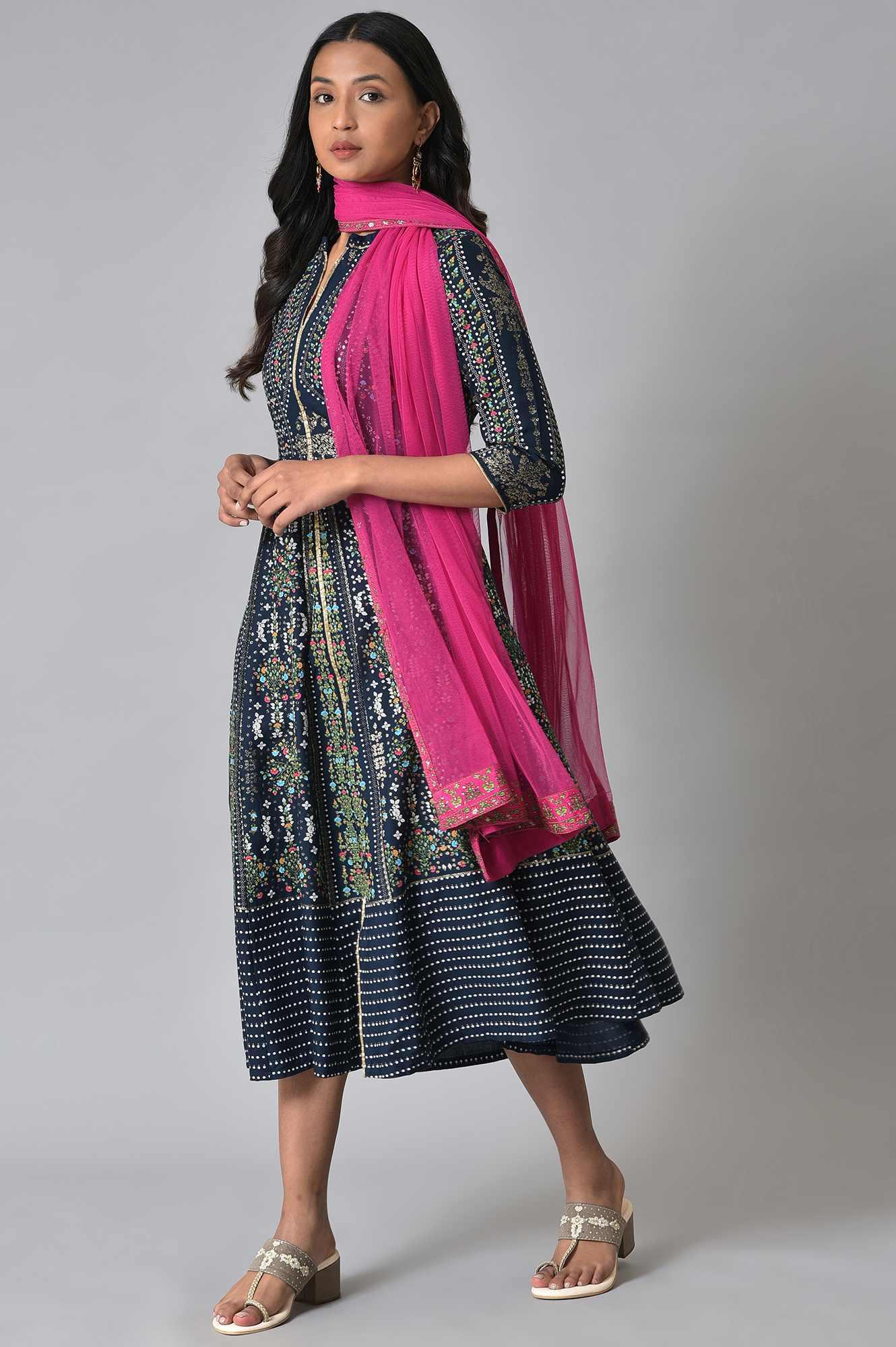 Navy Printed Kalidar Dress With Pink Chiffon Dupatta - wforwoman