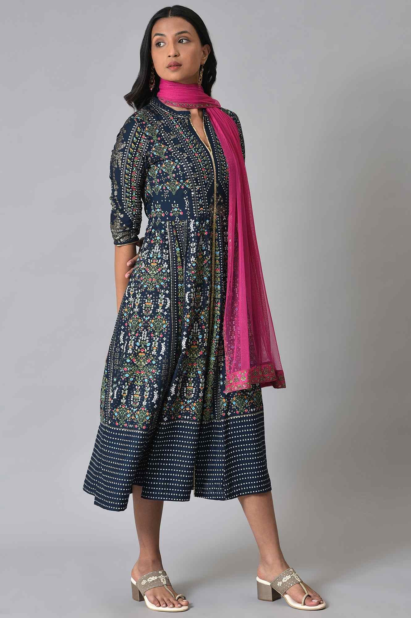 Navy Printed Kalidar Dress With Pink Chiffon Dupatta - wforwoman