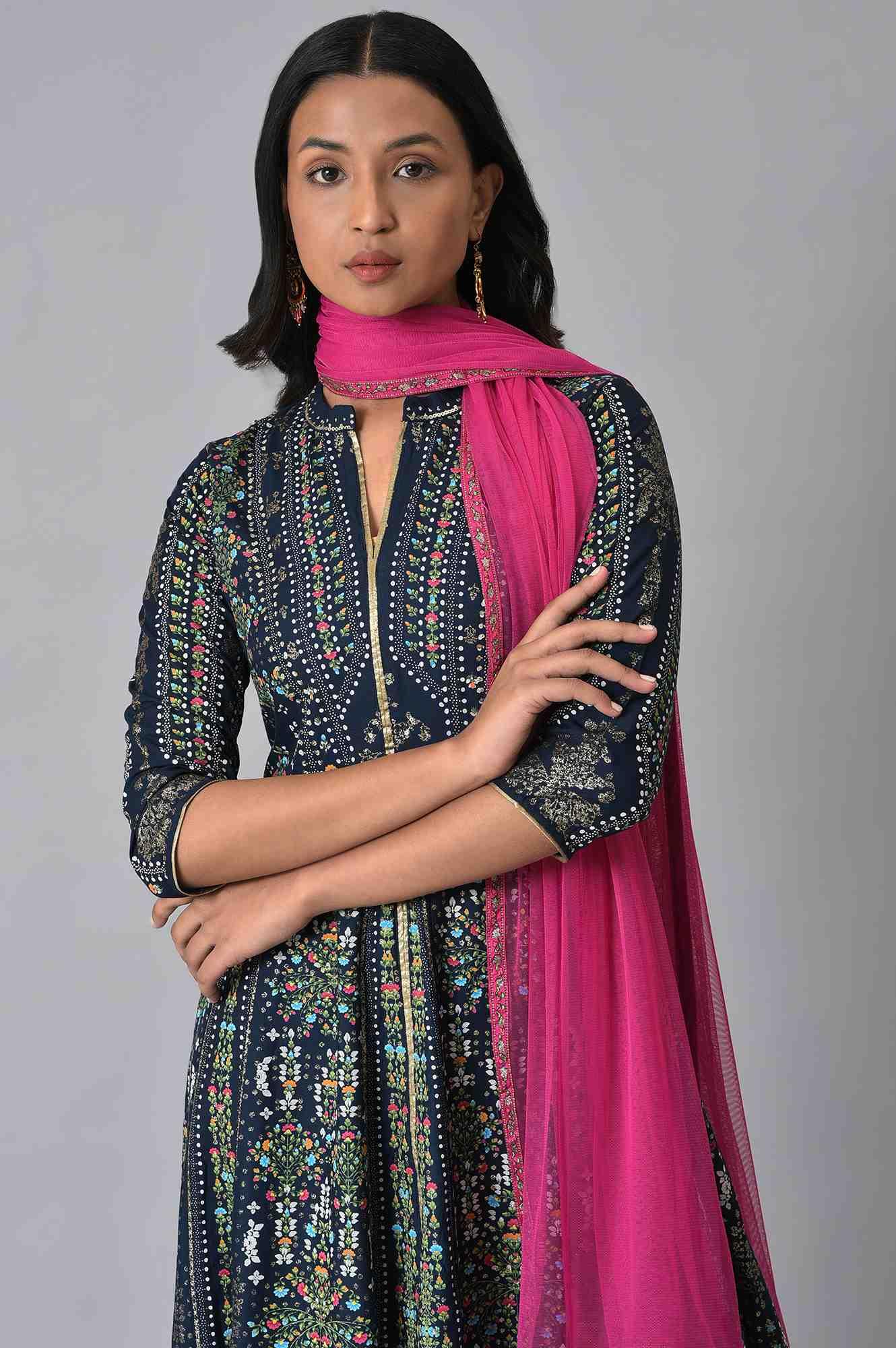 Navy Printed Kalidar Dress With Pink Chiffon Dupatta - wforwoman