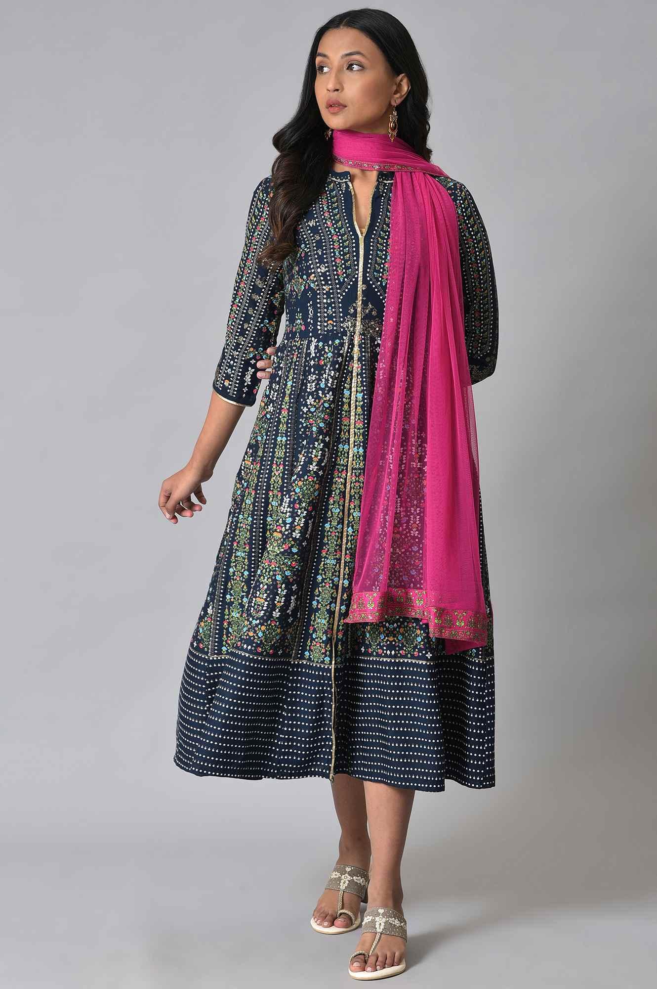 Navy Printed Kalidar Dress With Pink Chiffon Dupatta - wforwoman