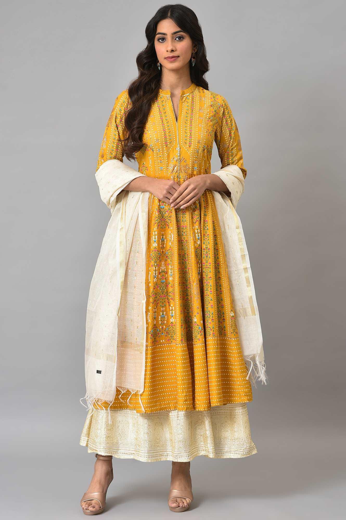 Mustard Yellow Kalidar Printed Dress With White Skirt And Chanderi Dupatta - wforwoman