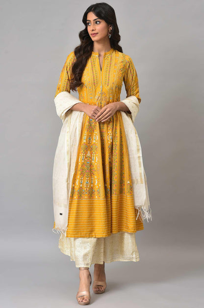 Mustard Yellow Kalidar Printed Dress With White Skirt And Chanderi Dupatta - wforwoman