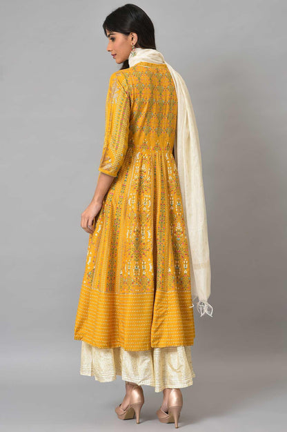 Mustard Yellow Kalidar Printed Dress With White Skirt And Chanderi Dupatta - wforwoman