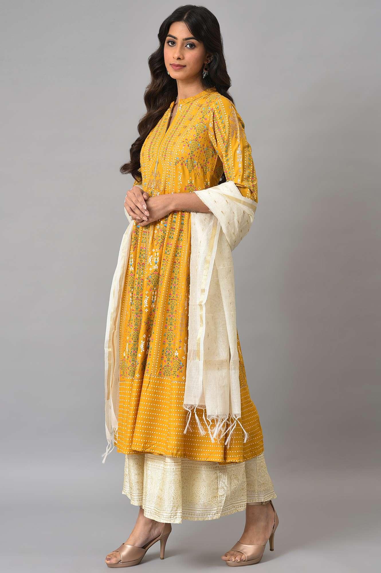 Mustard Yellow Kalidar Printed Dress With White Skirt And Chanderi Dupatta - wforwoman