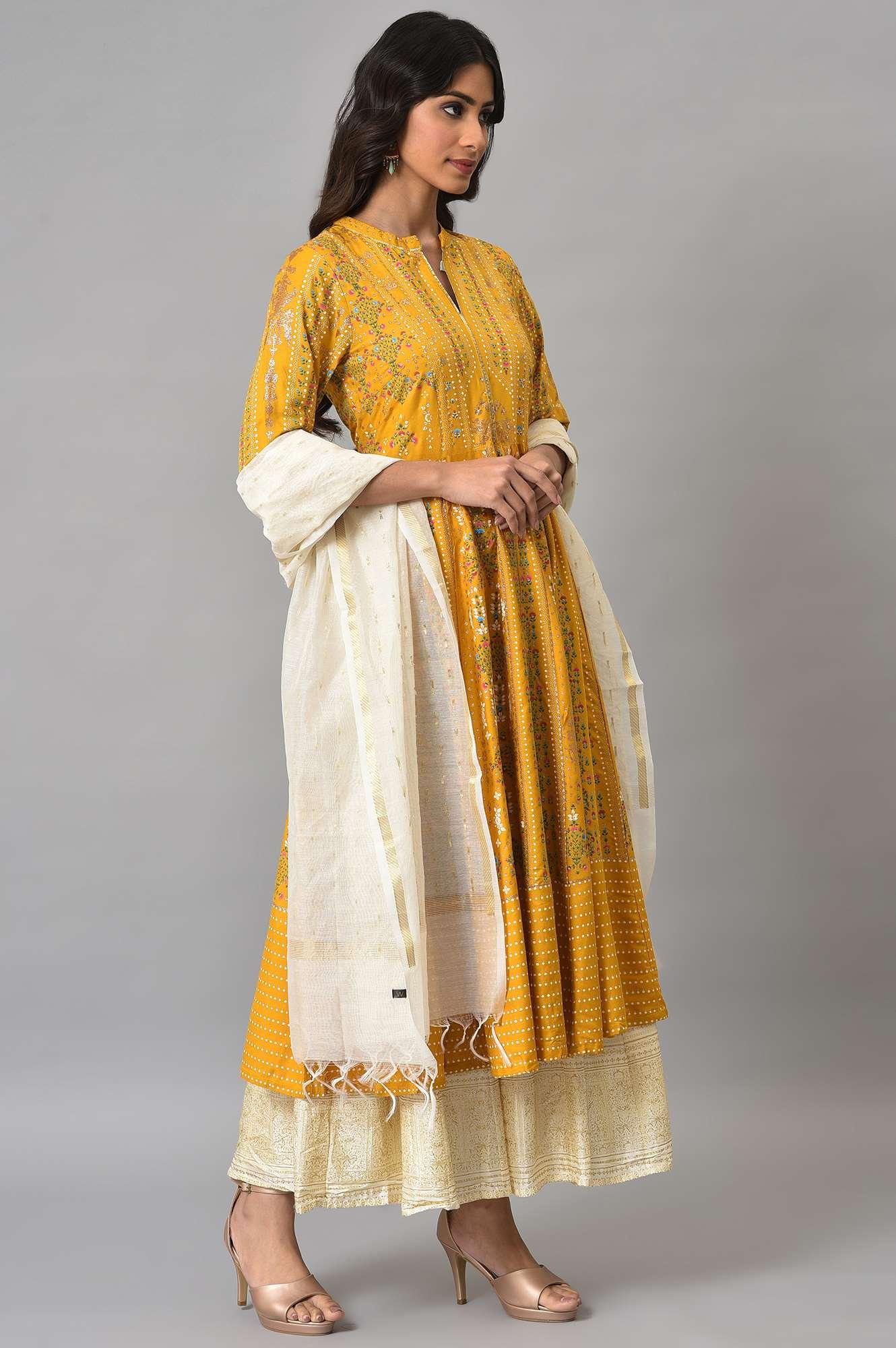 Mustard Yellow Kalidar Printed Dress With White Skirt And Chanderi Dupatta - wforwoman