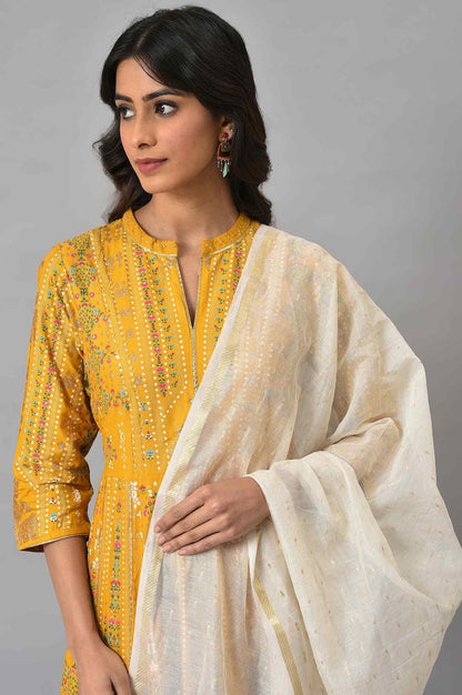 Mustard Yellow Kalidar Printed Dress With White Skirt And Chanderi Dupatta - wforwoman